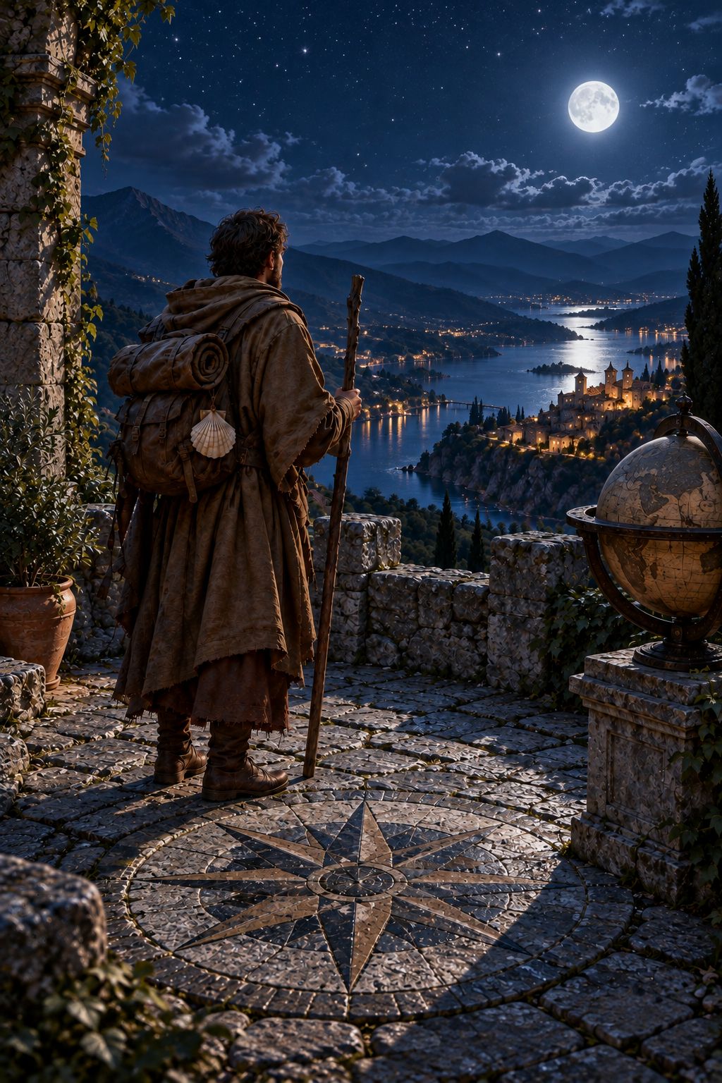 The pilgrim on a hilltop terrace with a stone compass rose set into the ground and an old globe, overlooking a vast moonlit landscape